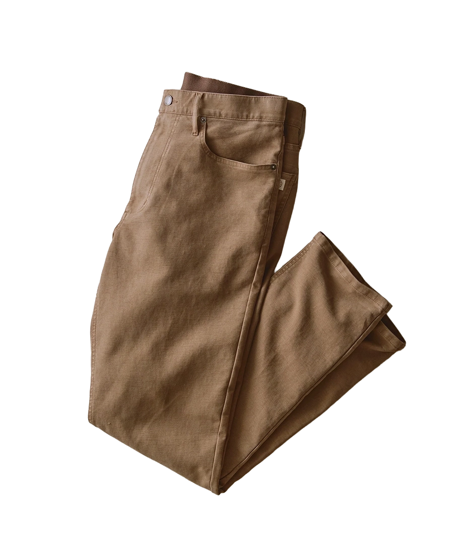 5 Pocket Flex Terry Pant Athletic Fit in Daisy Brown folded flat lay showing waistband and pocket detail - The Simple Man