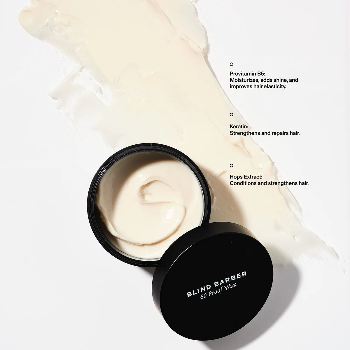 Blind Barber 60 Proof Wax open jar showing cream texture with provitamin B5 and keratin, The Simple Man
