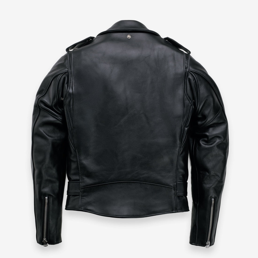 Black steerhide Perfecto motorcycle jacket with zippered cuffs, back view - The Simple Man