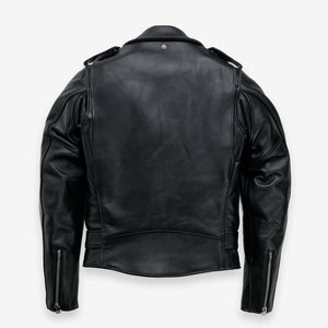 Black steerhide Perfecto motorcycle jacket with zippered cuffs, back view - The Simple Man