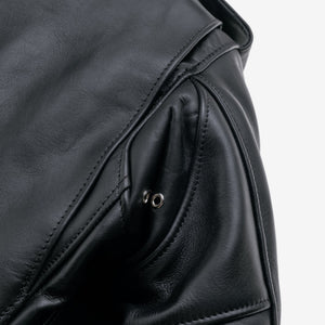 Close-up of the bi-swing shoulder and vented underarm grommet on the black Perfecto leather jacket - The Simple Man