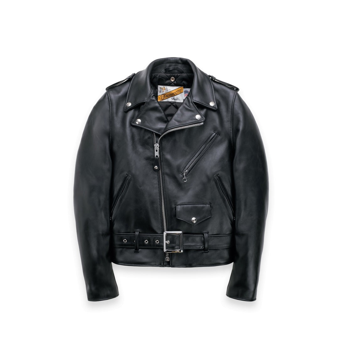 Black steerhide Perfecto motorcycle jacket with asymmetrical zip, belt and epaulettes, front view - The Simple Man