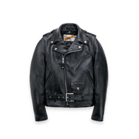 Black steerhide Perfecto motorcycle jacket with asymmetrical zip, belt and epaulettes, front view - The Simple Man