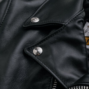 Close-up of the snap-down lapel and collar on the black Perfecto steerhide jacket - The Simple Man