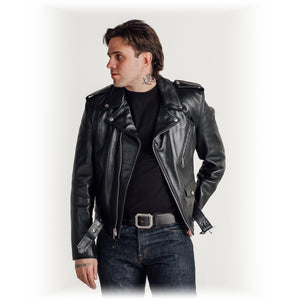 Man wearing the black steerhide Perfecto motorcycle jacket over a black tee and dark jeans - The Simple Man