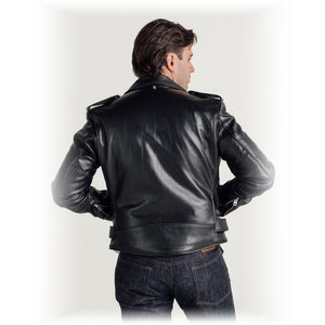Back view on model of the black steerhide Perfecto motorcycle jacket with bi-swing back - The Simple Man