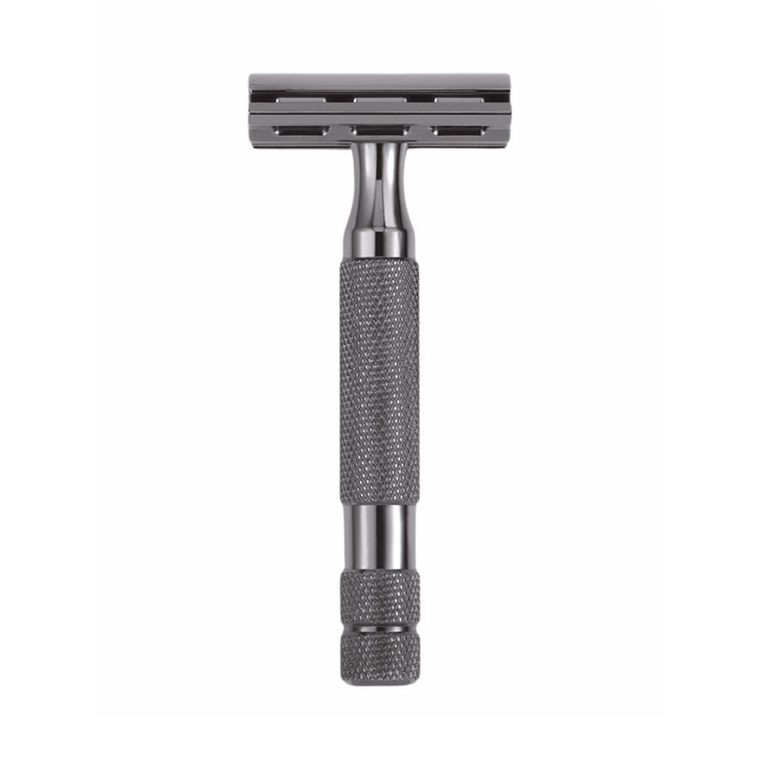 Gunmetal chrome 6C adjustable safety razor with knurled handle, front view on a white background