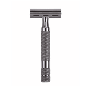 Gunmetal chrome 6C adjustable safety razor with knurled handle, front view on a white background