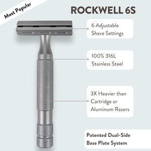 6S safety razor with callouts for six shave settings, 316L stainless steel and dual-sided base plate