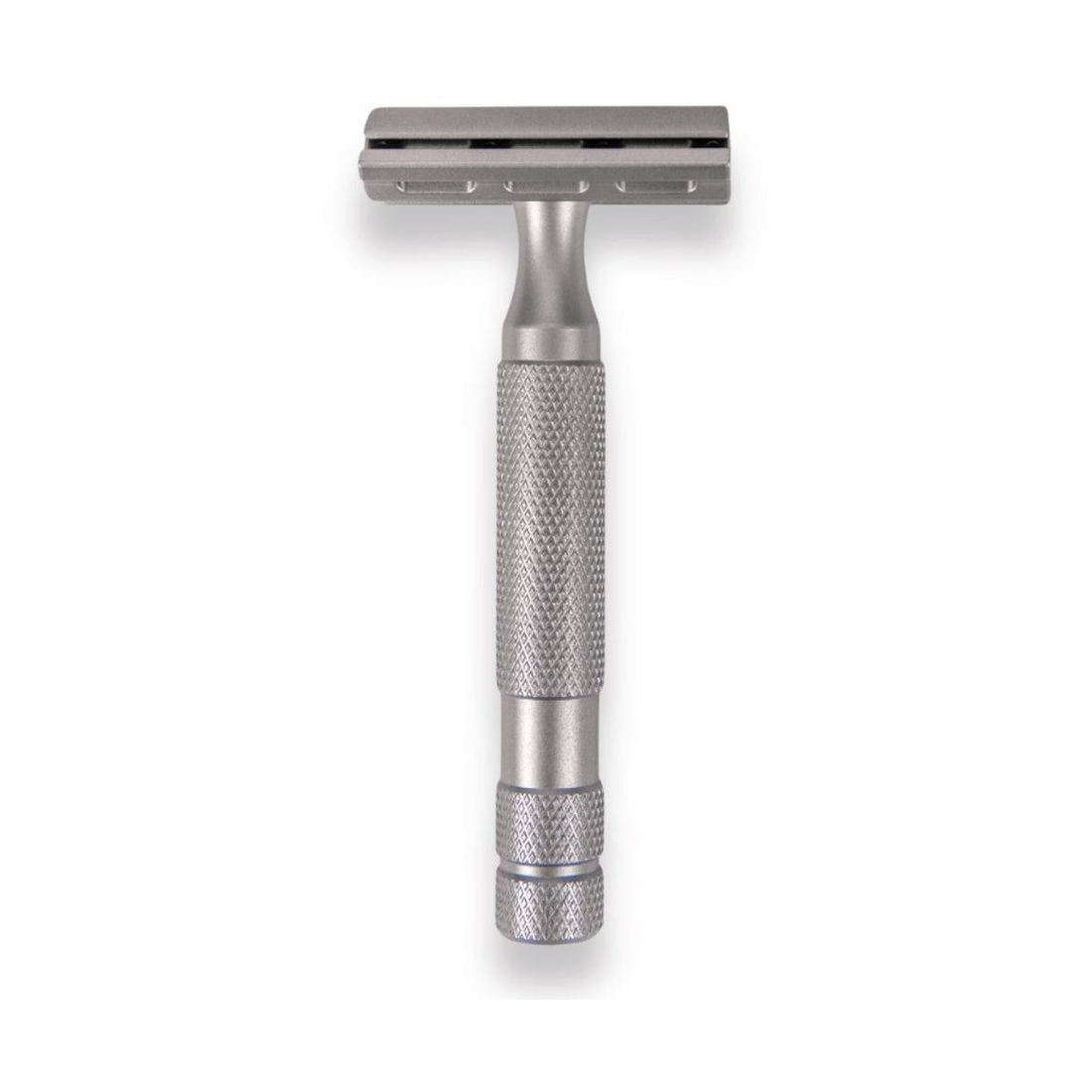 Matte stainless steel 6S adjustable safety razor with knurled handle, front view on a white background