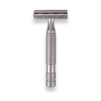 Matte stainless steel 6S adjustable safety razor with knurled handle, front view on a white background