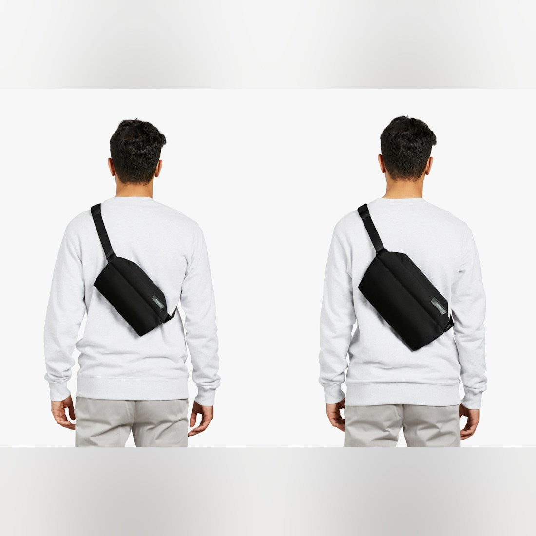 Bellroy Sling Mini in Black, worn across the body, front and back views - The Simple Man