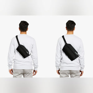 Bellroy Sling Mini in Black, worn across the body, front and back views - The Simple Man