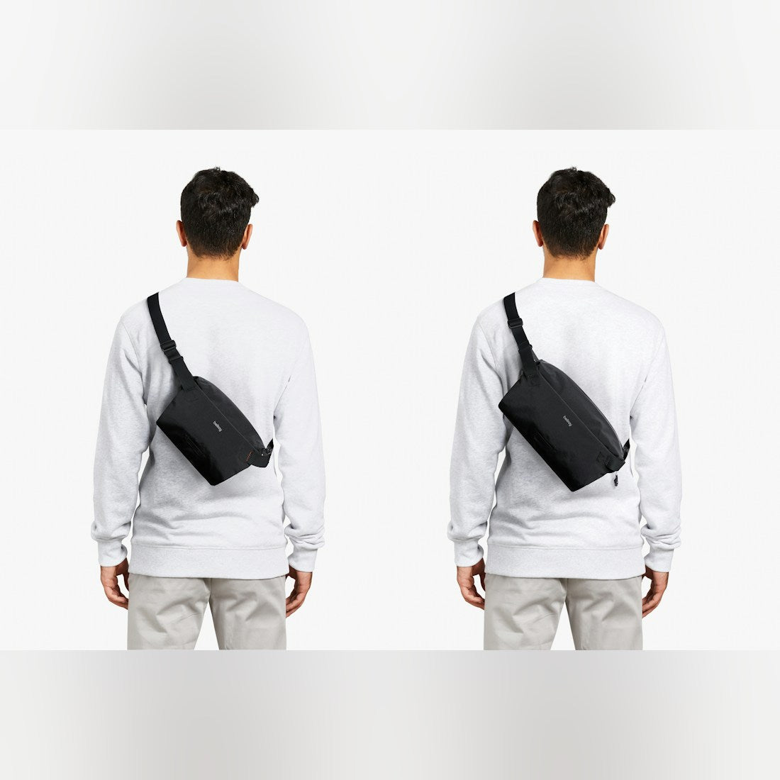 Bellroy Lite Sling Mini in Black, worn across the body, front and back views - The Simple Man