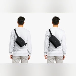 Bellroy Lite Sling Mini in Black, worn across the body, front and back views - The Simple Man