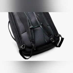 Bellroy Lite Travel Pack 38L carry-on backpack in Black, back panel and shoulder straps - The Simple Man