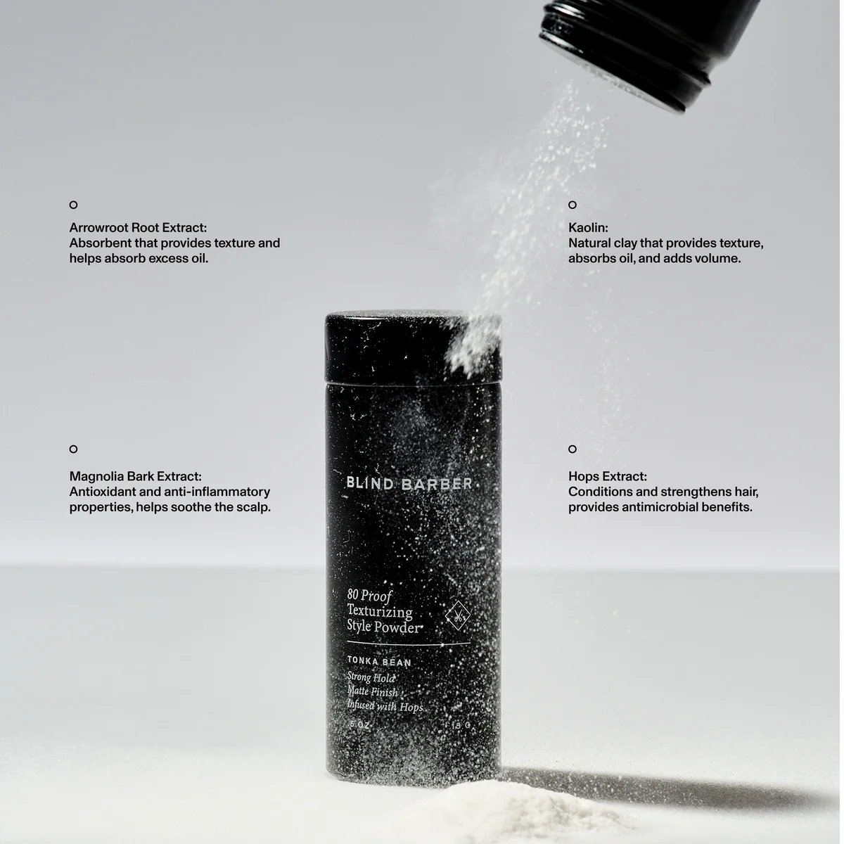 Blind Barber 80 Proof Texturizing Style Powder pouring, with kaolin and hops extract detail, The Simple Man