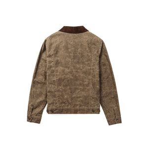 Brown waxed cotton mechanic jacket with corduroy collar, back view - The Simple Man
