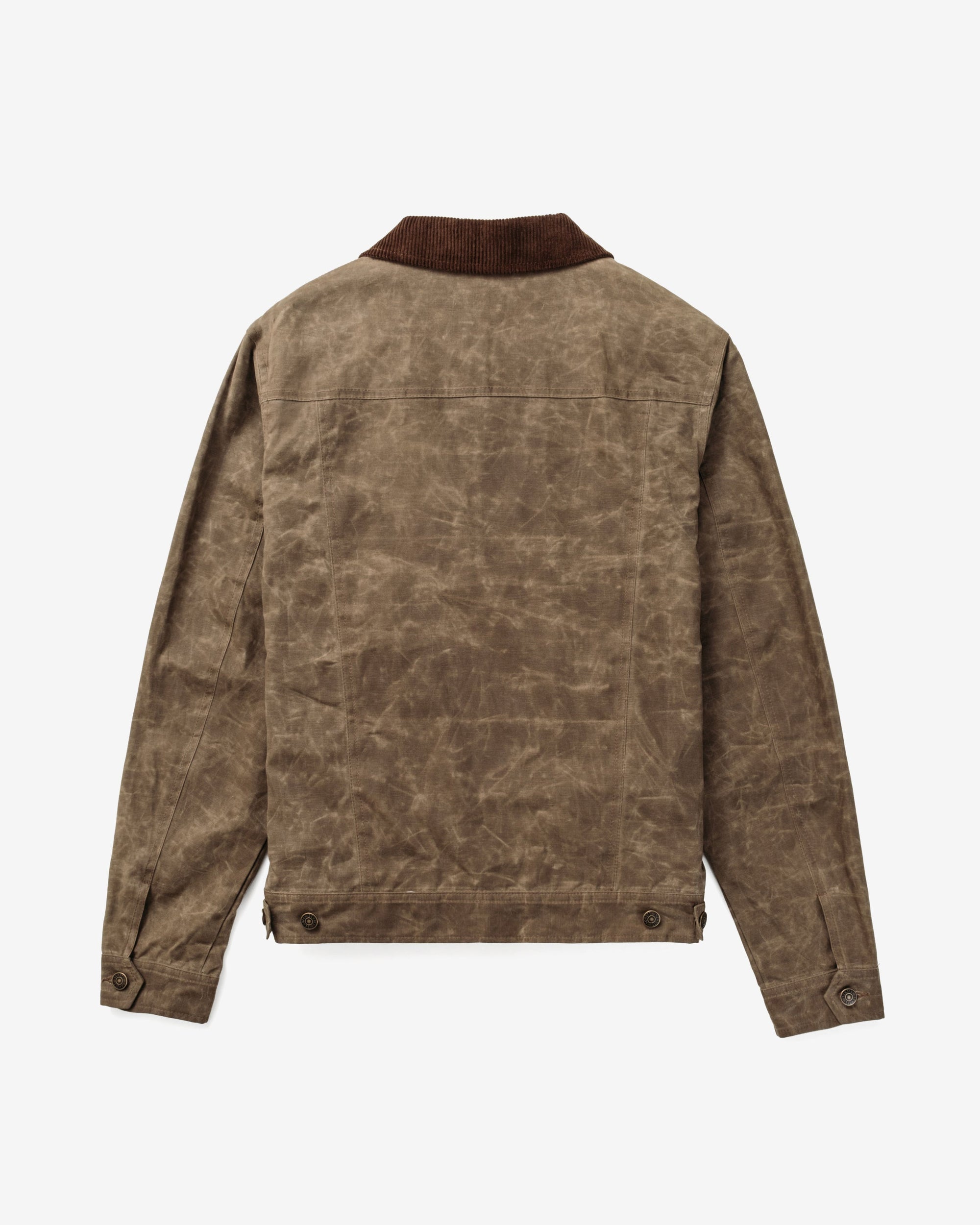 Brown waxed cotton mechanic jacket with corduroy collar, back view - The Simple Man