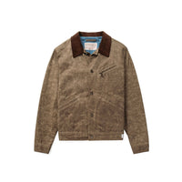 Brown waxed cotton mechanic jacket with corduroy collar and metal button front, front view - The Simple Man