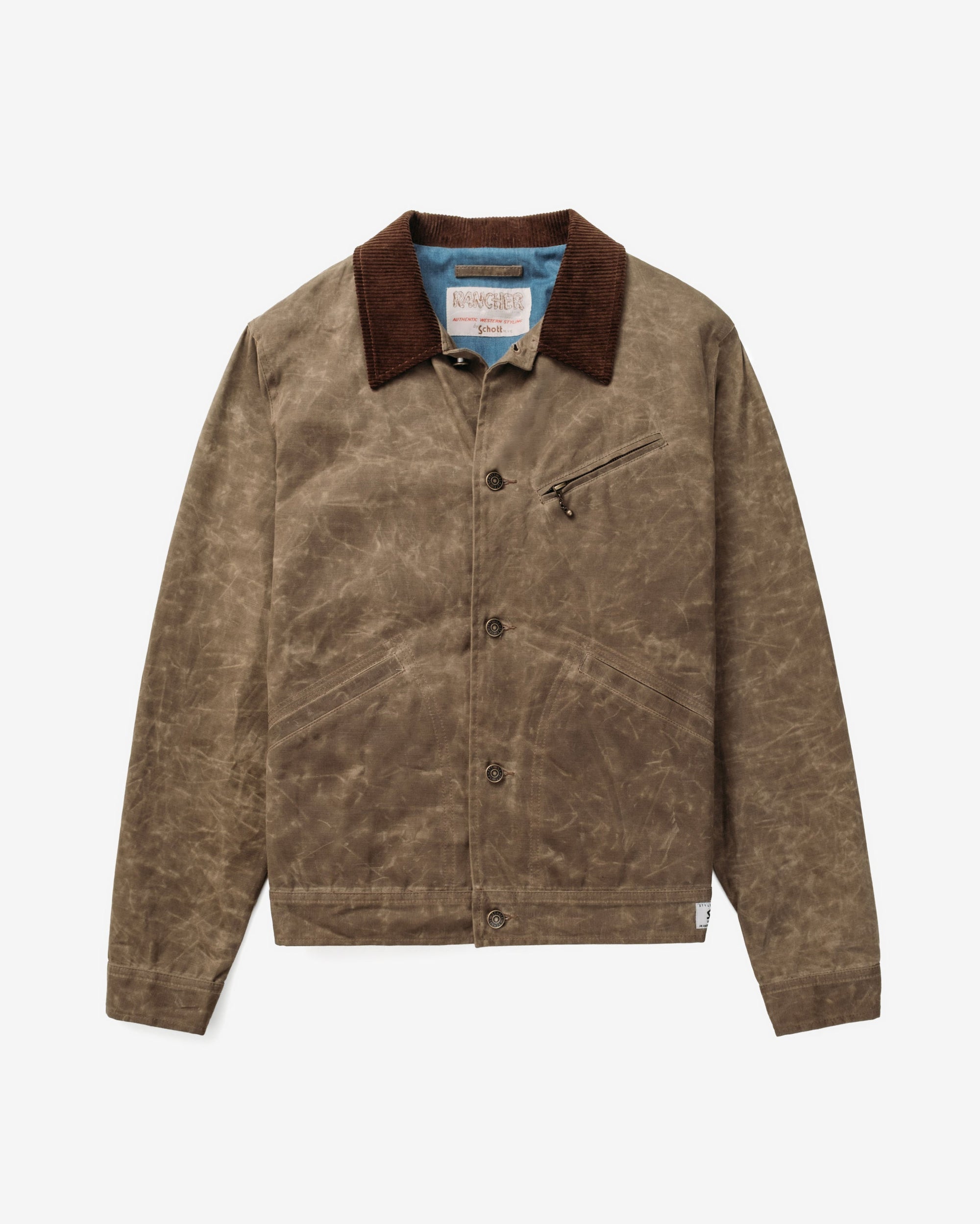 Brown waxed cotton mechanic jacket with corduroy collar and metal button front, front view - The Simple Man