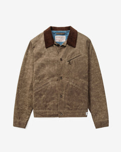 Brown waxed cotton mechanic jacket with corduroy collar and metal button front, front view - The Simple Man