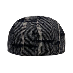 Back view of black and gray plaid eight-panel scally cap