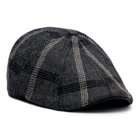 Black Rose Peaky scally cap in black and gray plaid with black leatherette brim, angled view