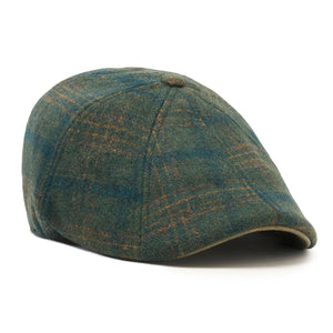 Irish Rose Peaky scally cap in emerald green and orange plaid with green leatherette brim, angled view