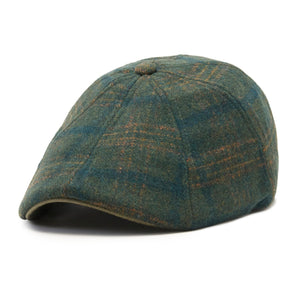 Side view of eight-panel emerald plaid wool blend flat cap
