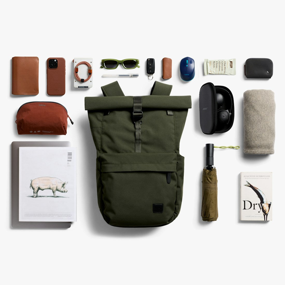 Bellroy Classic Rolltop commuter backpack in Olive, flat lay of everyday carry items beside the bag - The Simple Man