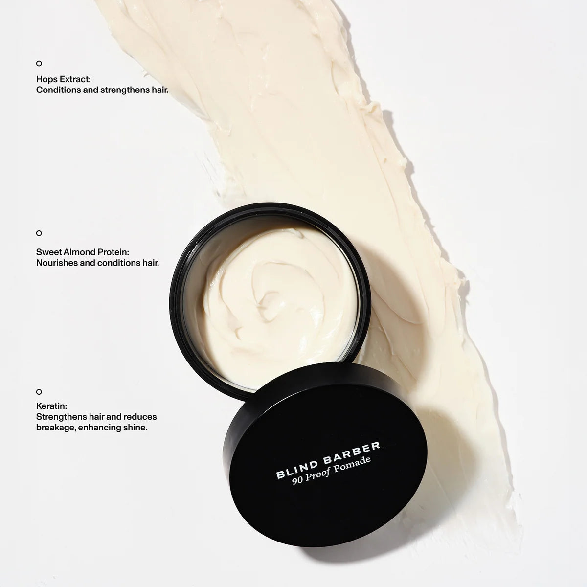 Blind Barber 90 Proof Pomade open jar showing cream texture with hops extract and keratin, The Simple Man