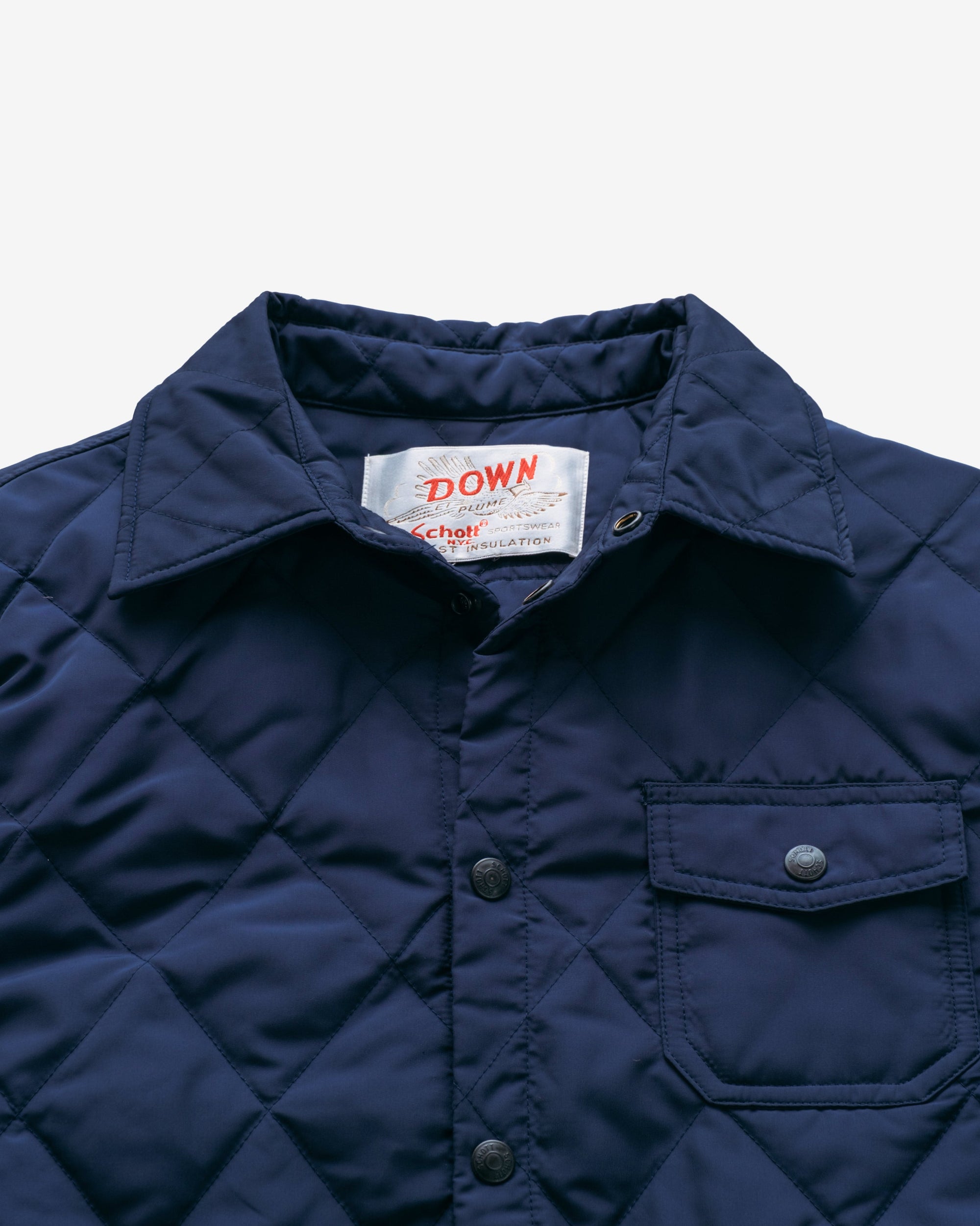 Close-up of the collar, snap placket and chest pocket on the navy quilted shirt jacket - The Simple Man