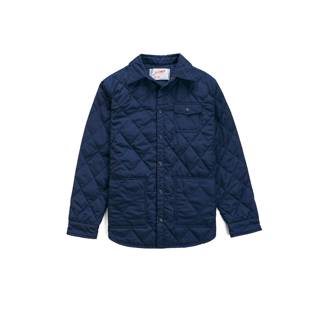 Navy down filled quilted shirt jacket with snap front and chest patch pocket, front view - The Simple Man