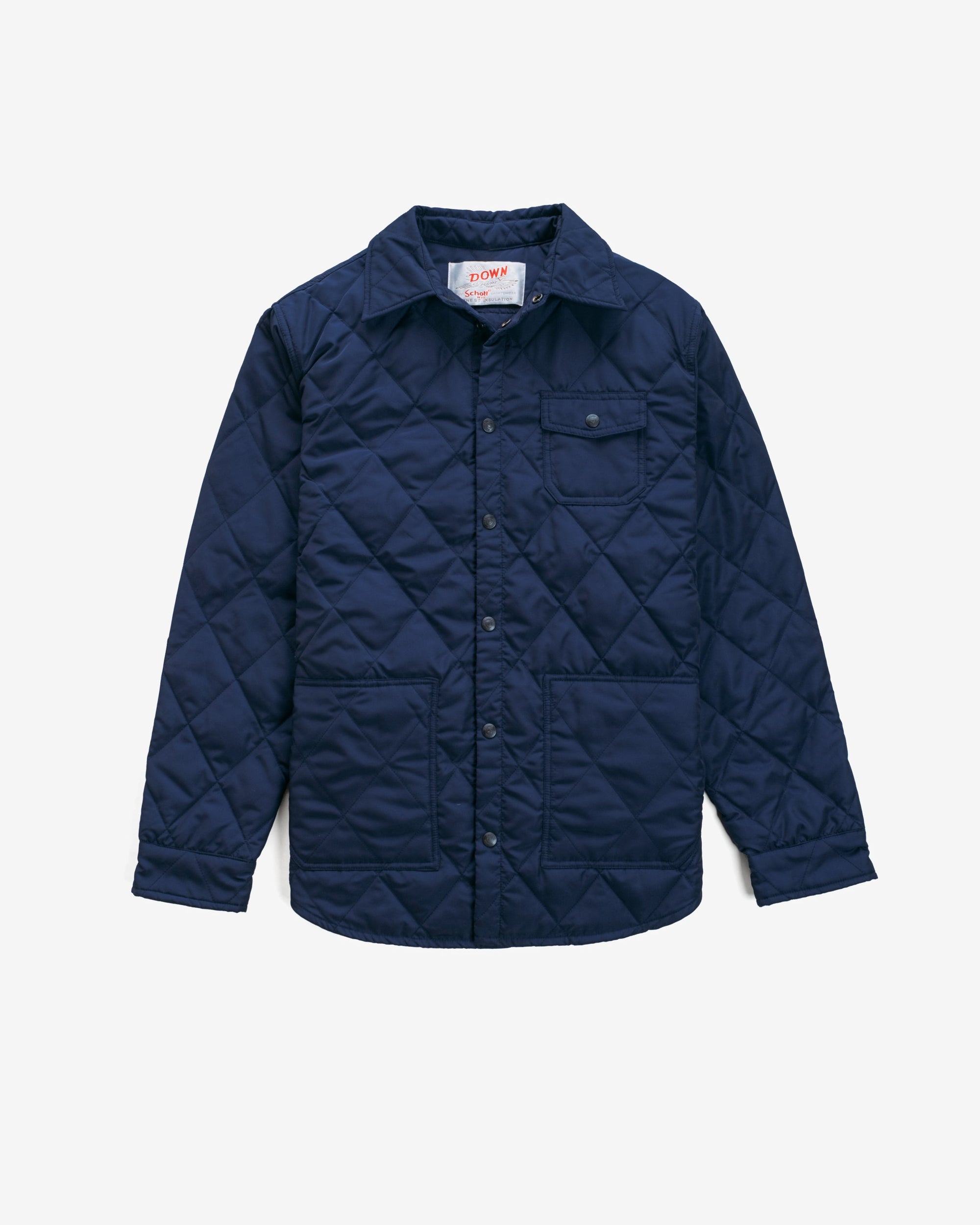 Navy down filled quilted shirt jacket with snap front and chest patch pocket, front view - The Simple Man