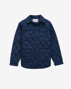 Navy down filled quilted shirt jacket with snap front and chest patch pocket, front view - The Simple Man