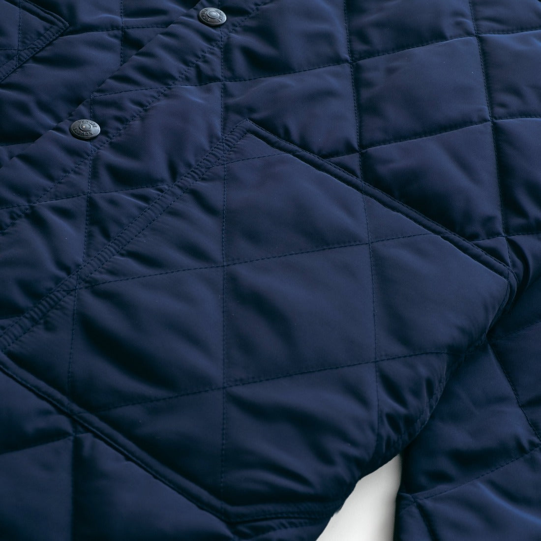 Close-up of the diamond quilting and lower patch pocket on the navy quilted shirt jacket - The Simple Man