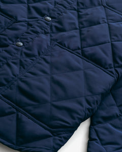 Close-up of the diamond quilting and lower patch pocket on the navy quilted shirt jacket - The Simple Man