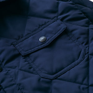 Close-up of the snap chest patch pocket on the navy quilted shirt jacket - The Simple Man