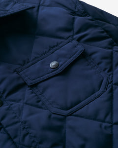 Close-up of the snap chest patch pocket on the navy quilted shirt jacket - The Simple Man