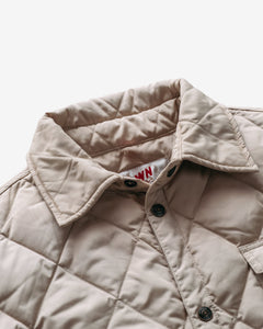 Close-up of the collar and snap front on the off white quilted shirt jacket - The Simple Man
