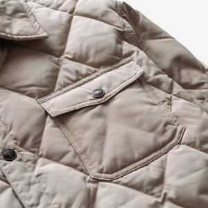 Close-up of the snap chest patch pocket on the off white quilted shirt jacket - The Simple Man