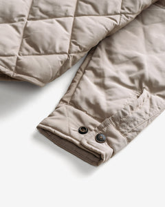 Close-up of the snap cuff on the off white quilted shirt jacket sleeve - The Simple Man