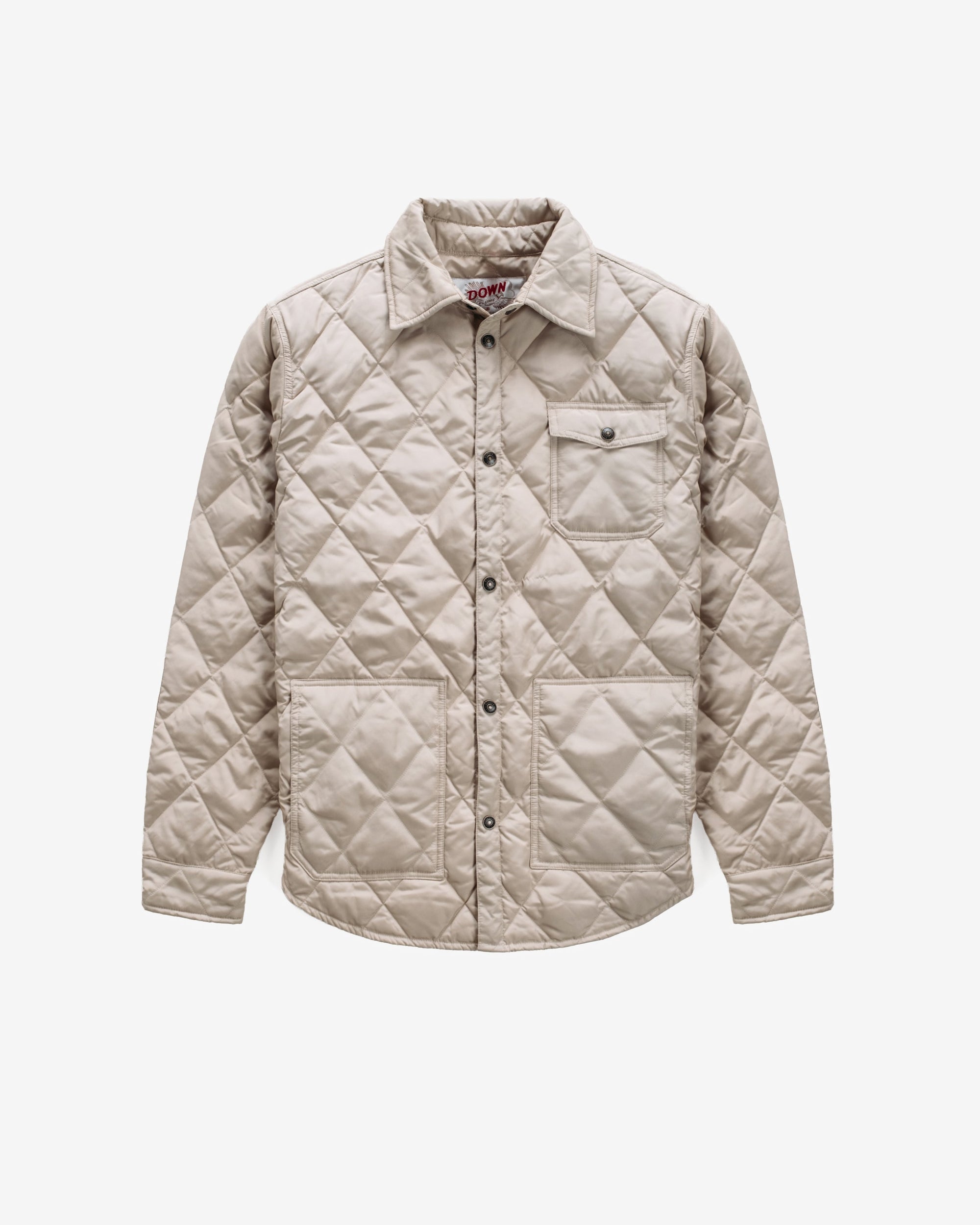 Off white down filled quilted shirt jacket with snap front and chest patch pocket, front view - The Simple Man