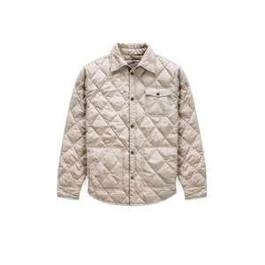 Off white down filled quilted shirt jacket with snap front and chest patch pocket, front view - The Simple Man