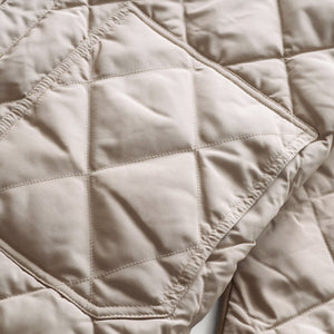 Close-up of the diamond quilting and lower patch pocket on the off white quilted shirt jacket - The Simple Man