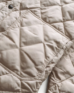 Close-up of the diamond quilting and lower patch pocket on the off white quilted shirt jacket - The Simple Man