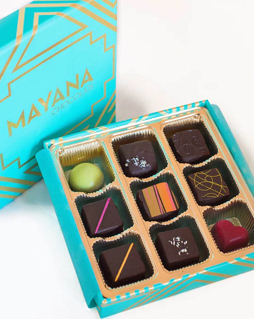 Mayana 9-piece artisan chocolate box with assorted hand-decorated bonbons in teal and gold packaging