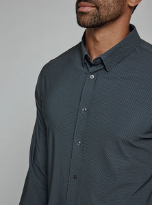 Model Wearing 7 diamonds adler shirt in black, close up view