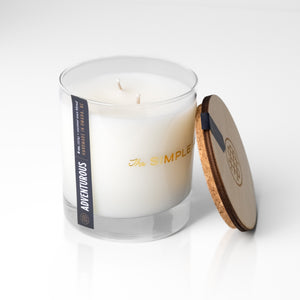 The Simple Man Adventurous 8oz coconut wax candle with double wick and wood cork lid removed, handmade in Omaha – The Simple Man